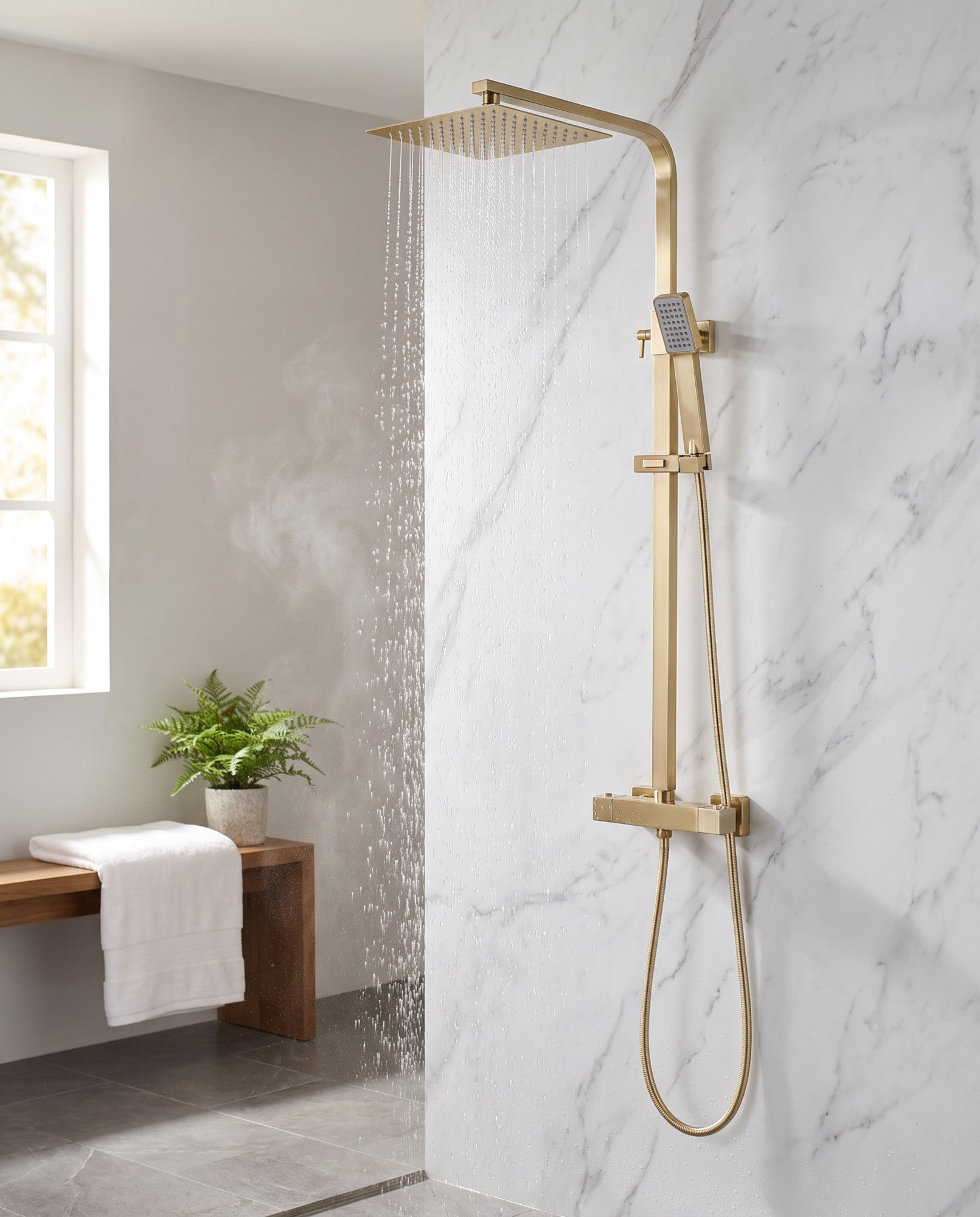 Enzo square thermostatic shower set two outlet with ultra slim 200mm shower head and handheld - brushed brass
